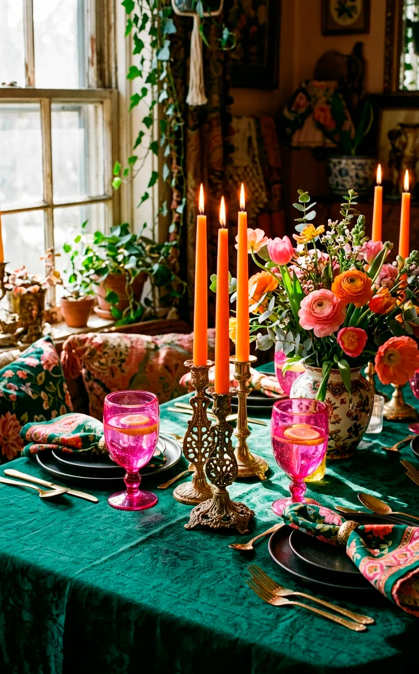 Emerald green tablecloth paired with bright neon taper candles and fuchsia glassware.