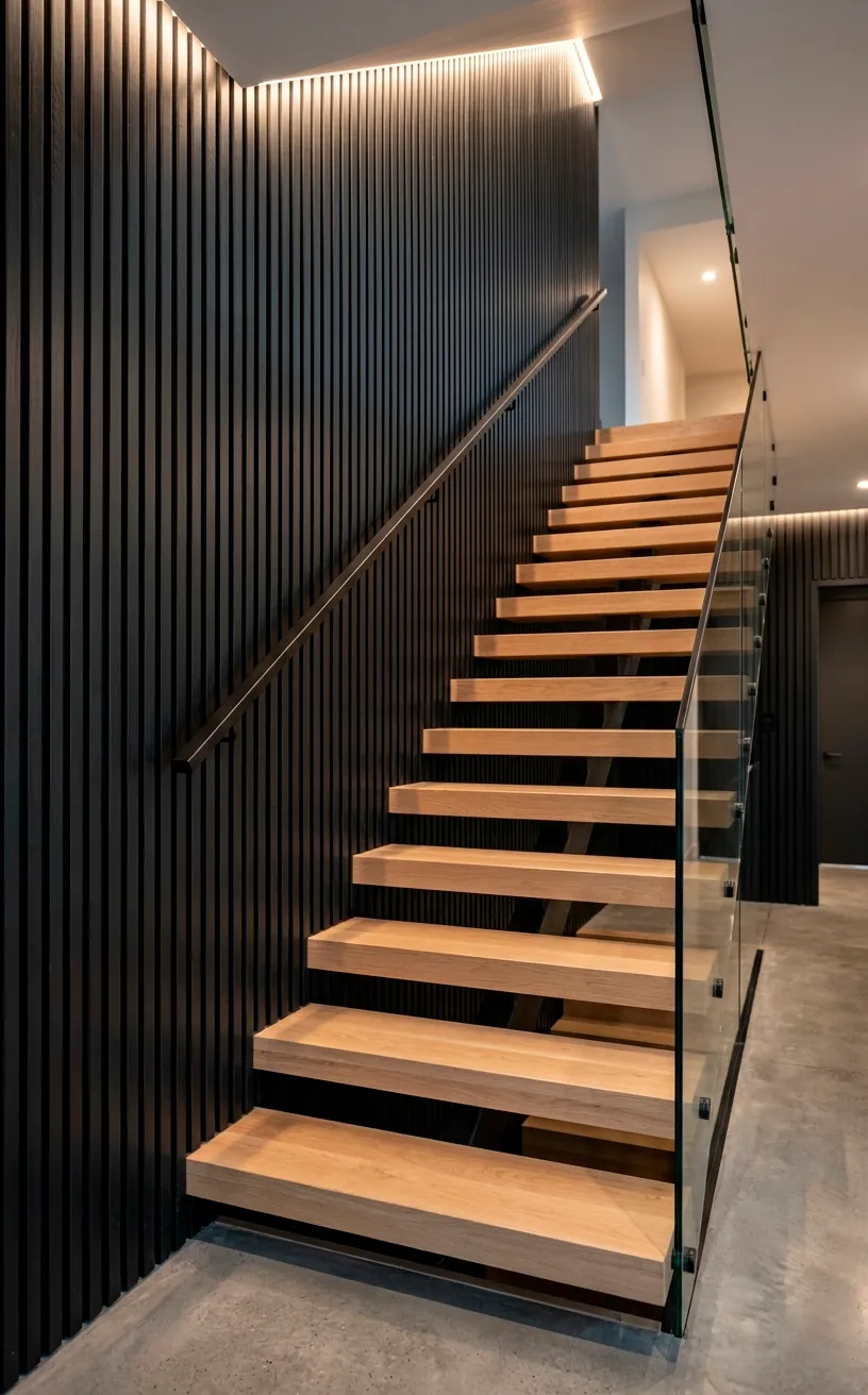 Matte black acoustic wood slat wall panels installed along a modern minimalist staircase.