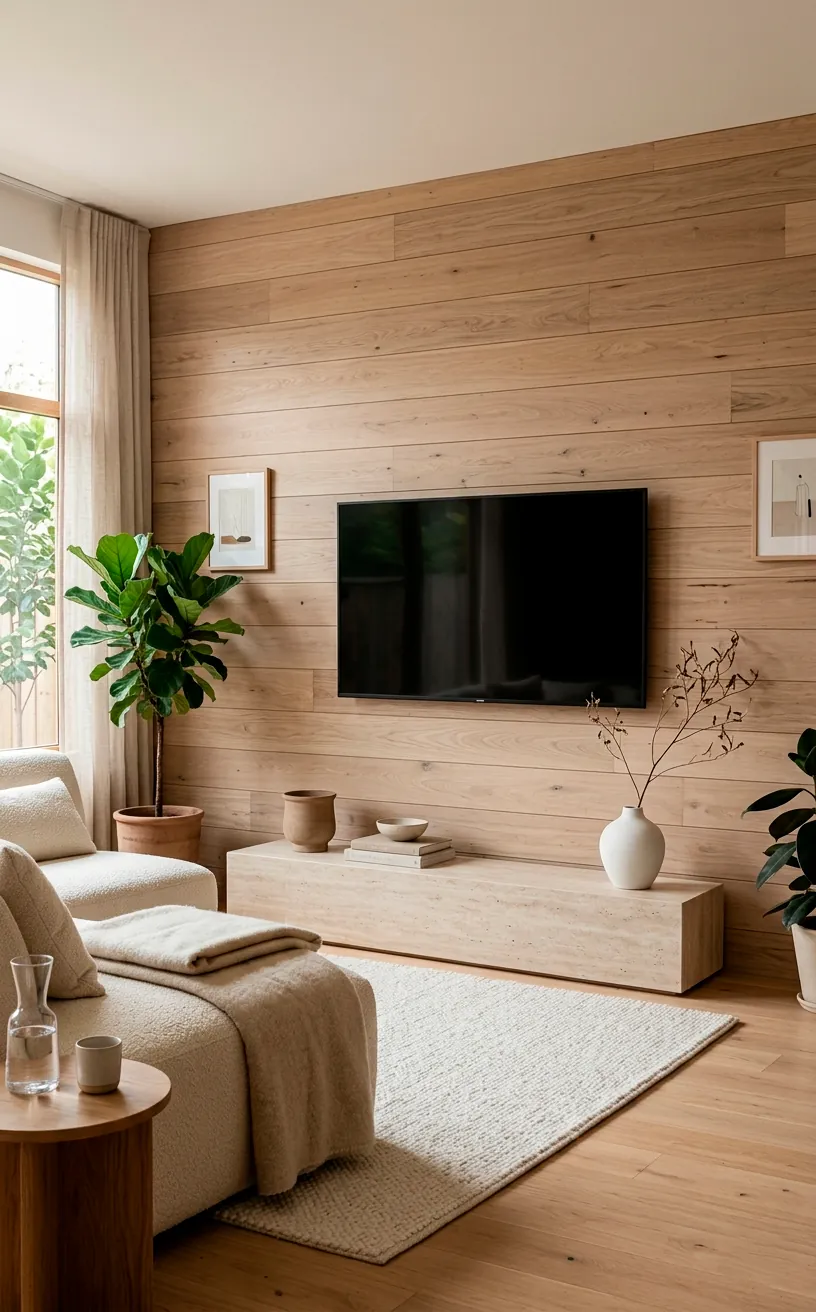 Smooth ash-toned reclaimed wood planks forming a horizontal TV wall backdrop in a Japandi living room.