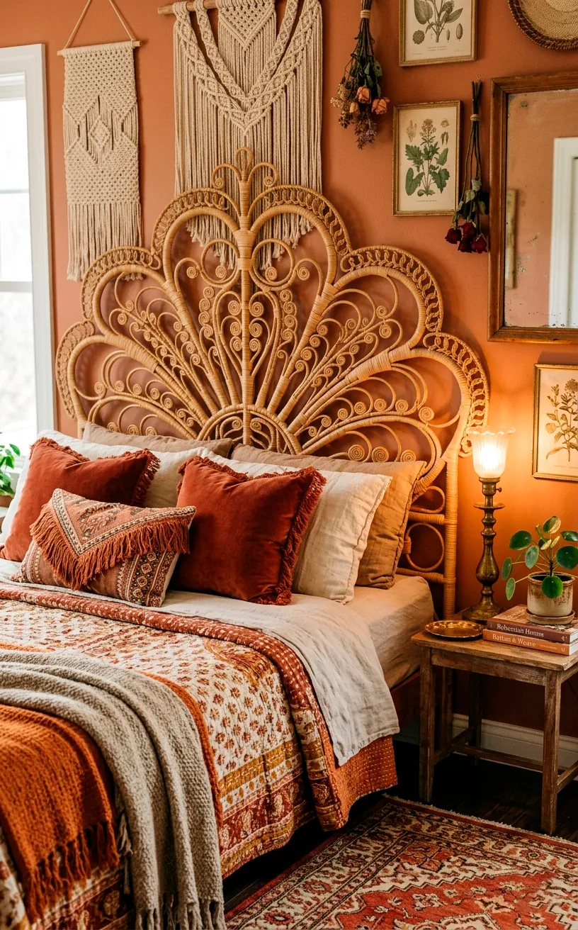 Dramatic peacock rattan headboard with intricate sweeping loops in a maximalist boho bedroom