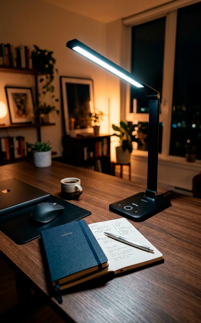 A modern smart LED task lamp illuminating a desk surface with cool daylight.
