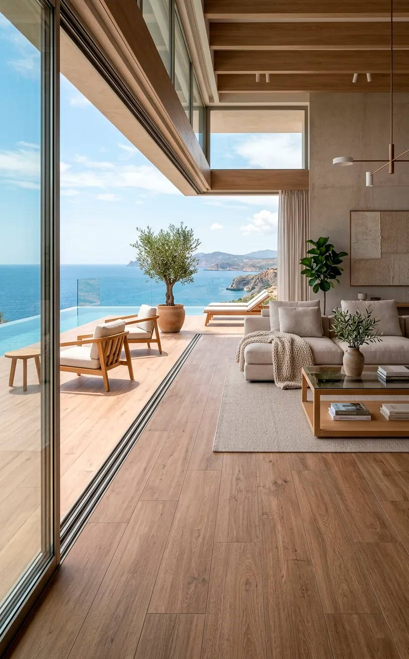 Seamless porcelain tile flowing from an indoor living room to an outdoor infinity patio.