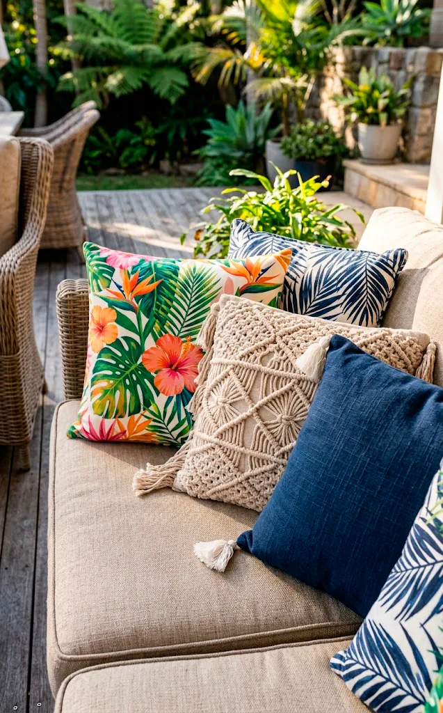 Collection of vibrant tropical and textured macrame outdoor throw pillows arranged on a neutral cushion.