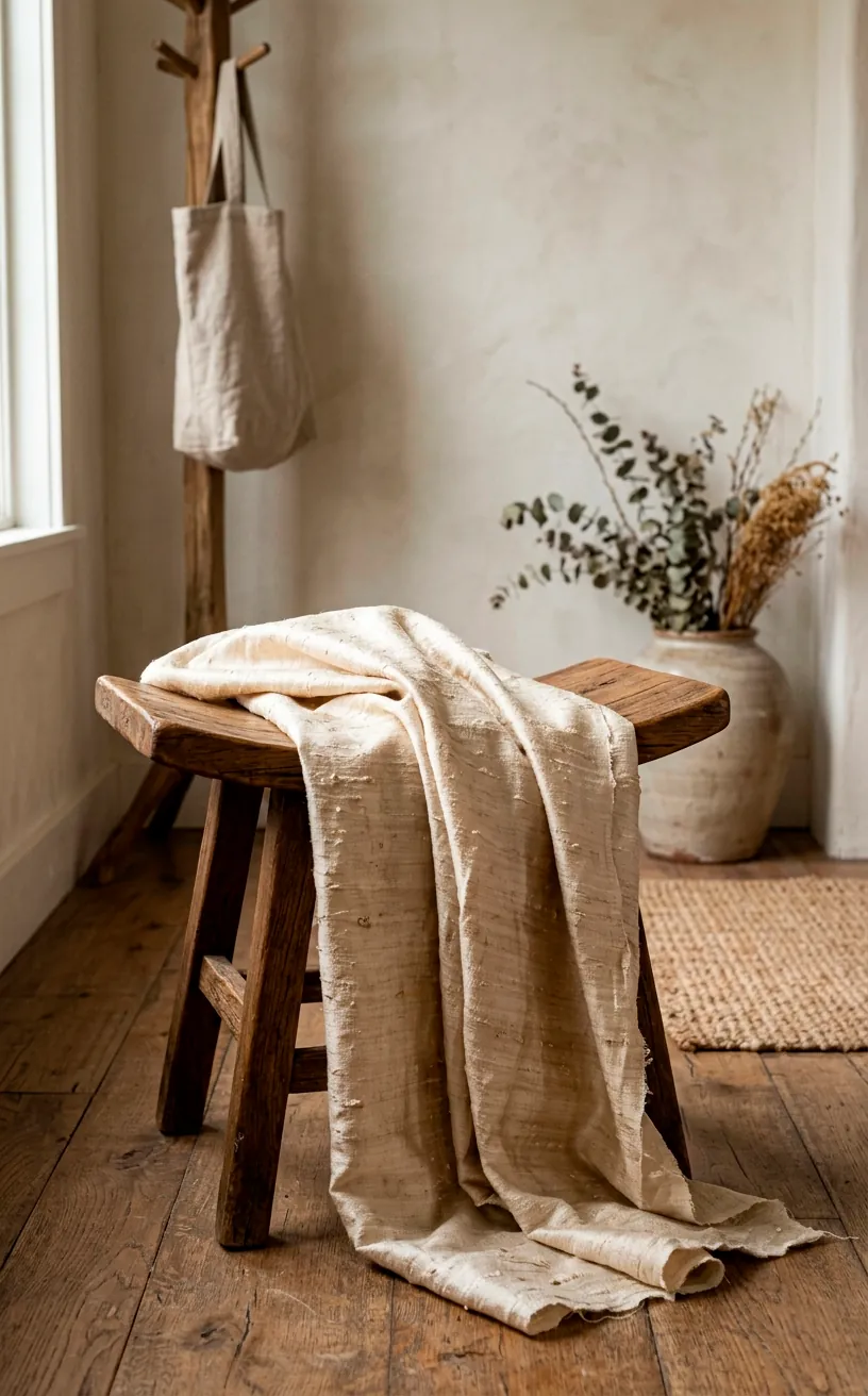 Muted slubby raw silk textile draped over a minimalist wooden stool
