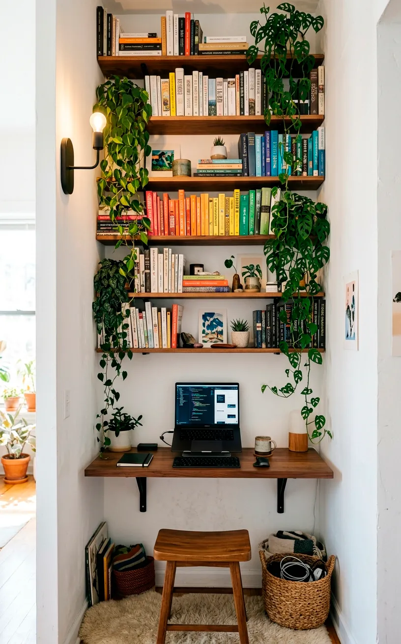 Vertical storage solutions with floating shelves and wall-mounted desk in a small room.