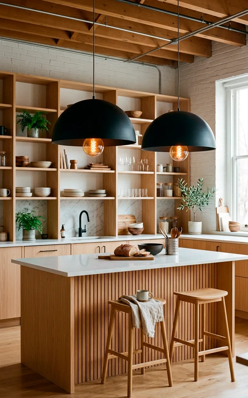 Oversized matte black dome pendant lights over a minimal kitchen island.