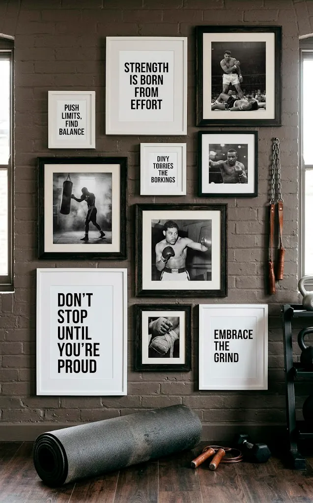 Gallery wall blending typography quotes and vintage boxing photography in a workout room.