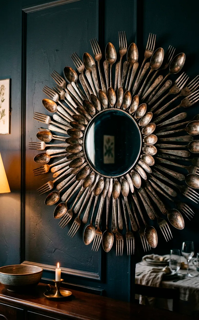 A sunburst wall mirror made from antique silver forks and spoons on a dark wall.