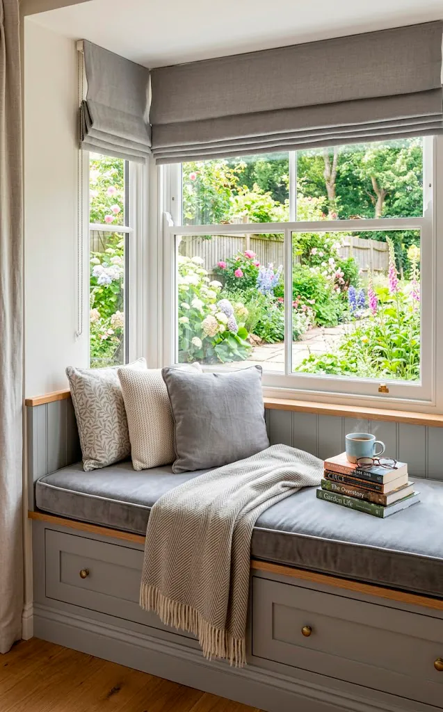 Built-in grey window seat with dove grey cushions and matching Roman shades