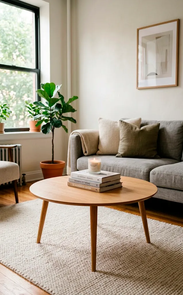 Sleek round light oak coffee table styled with design books and a candle resting on a cream living room rug.