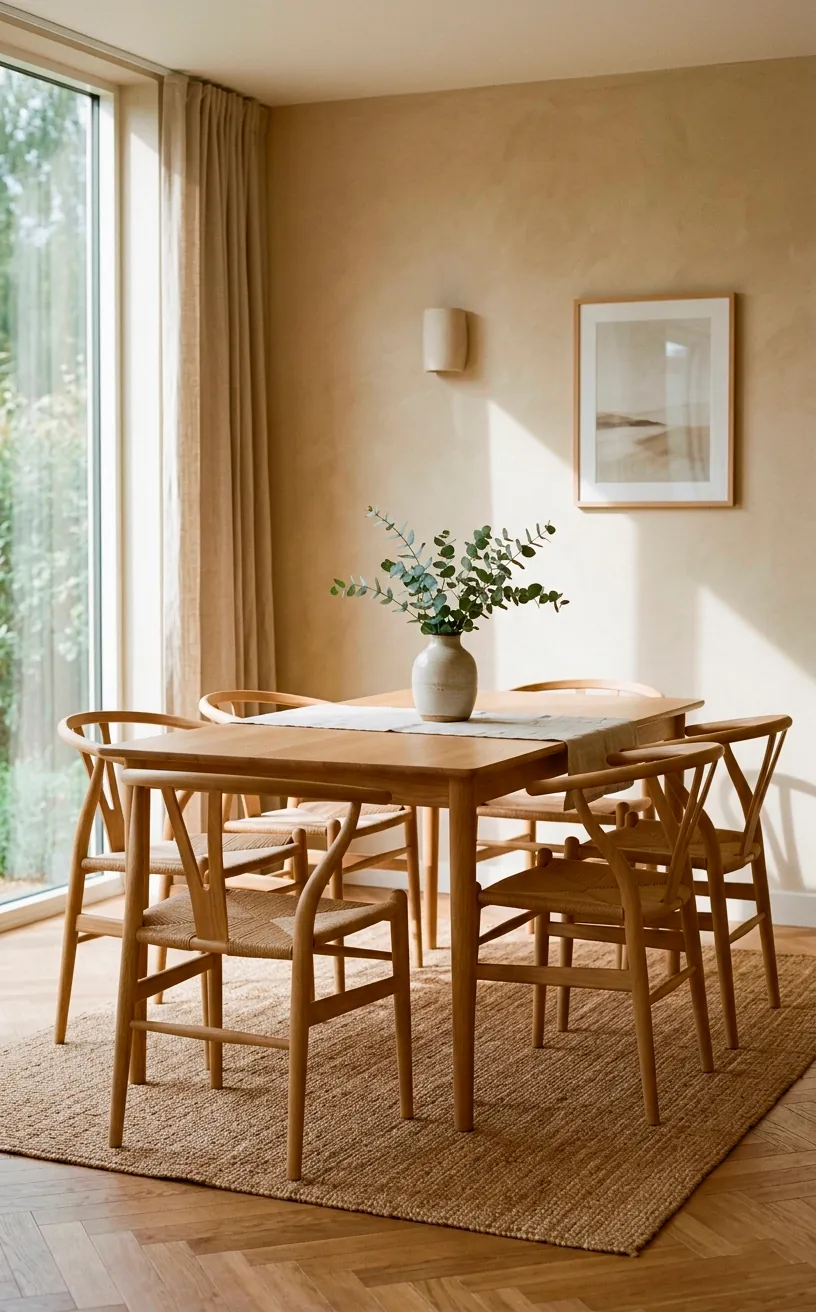 Minimalist dining room with light wood Wishbone style chairs and woven paper cord seats.