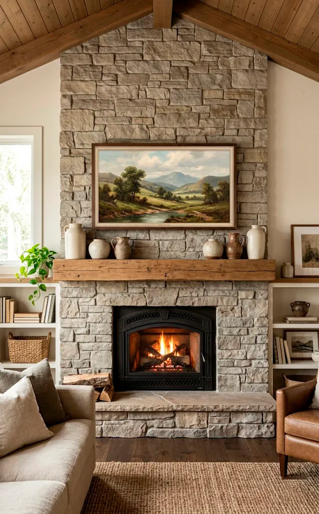 Frame TV displaying landscape art over a symmetrically decorated mantel