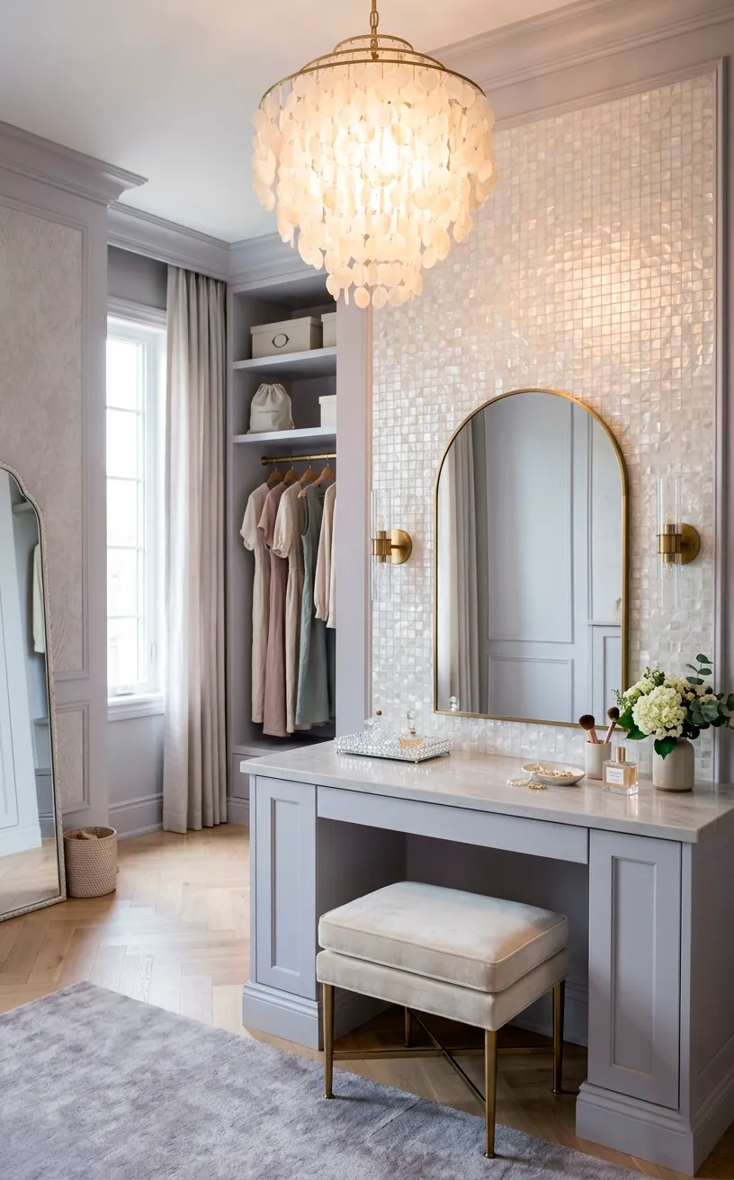 Soft lavender dressing room with a pearlized vanity backsplash and capiz shell chandelier