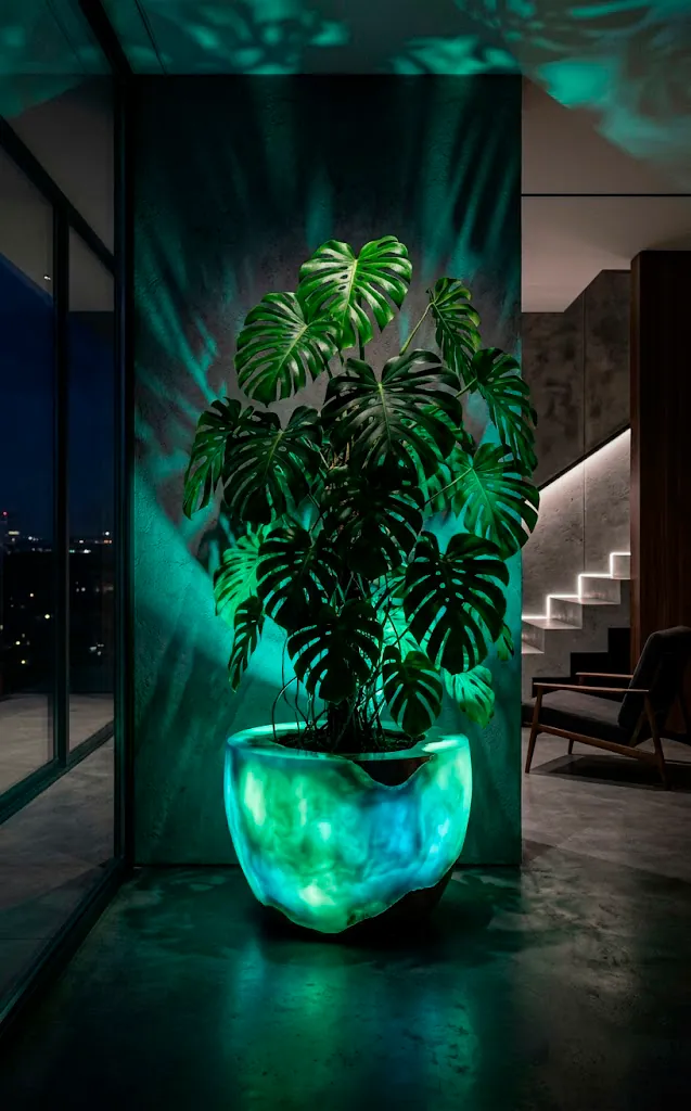 Futuristic glowing bioluminescent planter lighting up a monstera plant in a dark room.
