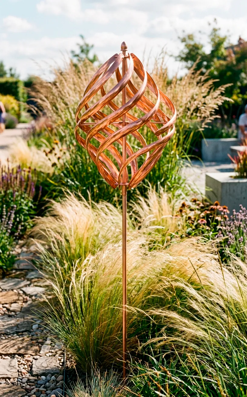 Abstract copper kinetic wind spinner sculpture in a modern garden.