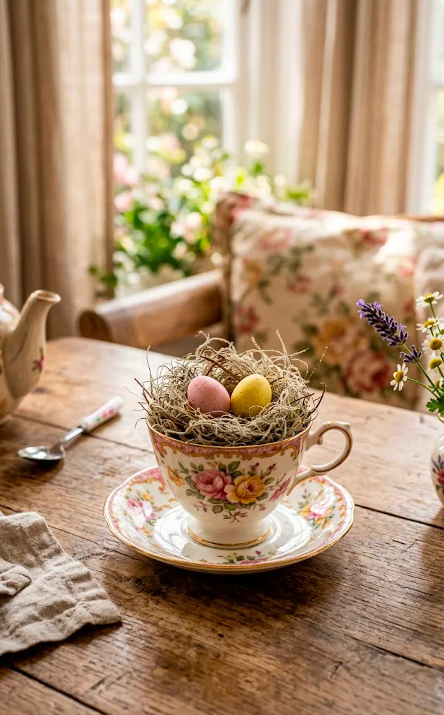 Vintage floral teacup used as a small nest centerpiece with pastel eggs.