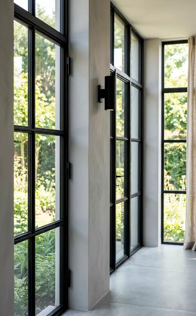 Matte black steel window frames and wall sconce contrasting with dove gray sunroom walls.