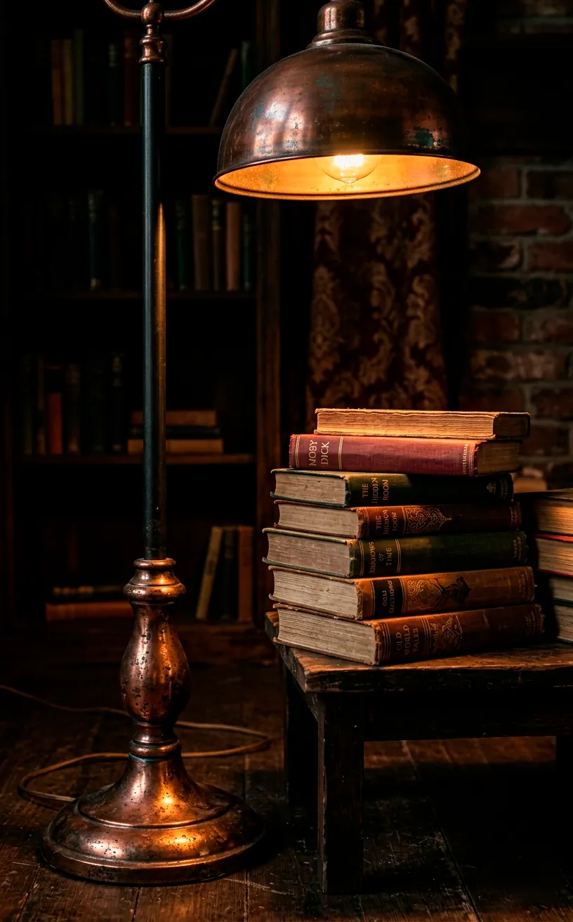 An antique copper floor lamp shining warm light over a stack of hardback books.