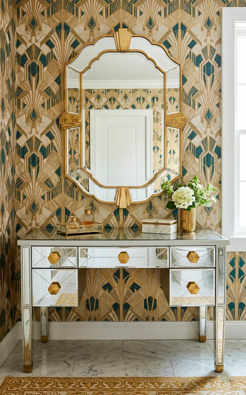 Scalloped wall mirror and hexagonal brass drawer knobs on a mirrored vanity table.