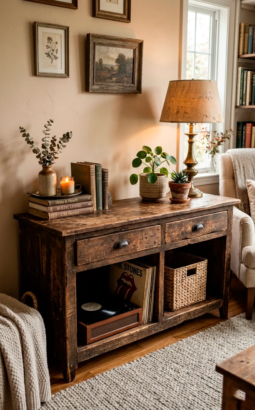 Heavily distressed pine wood media console decorated with plants and a vintage lamp