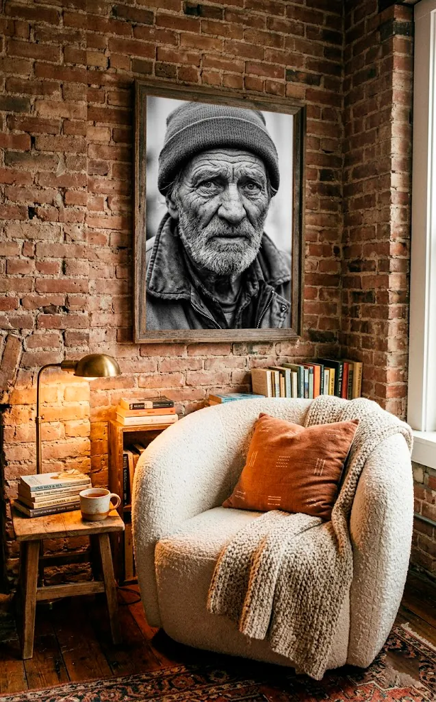 Gritty black and white street portrait on a brick wall above a cream chair.