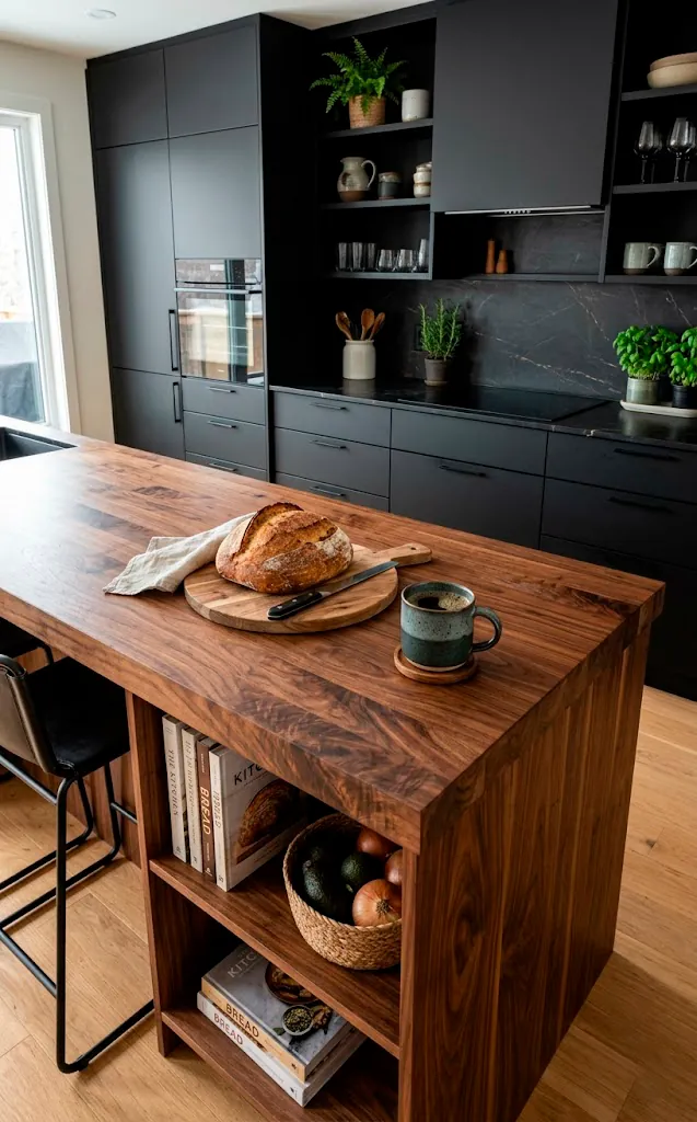 Stunning walnut butcher block island with rich wood grains contrasting against matte black kitchen cabinets.