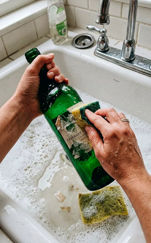 Hands scrubbing sticky paper labels off a green glass bottle in a white porcelain sink with a sponge.