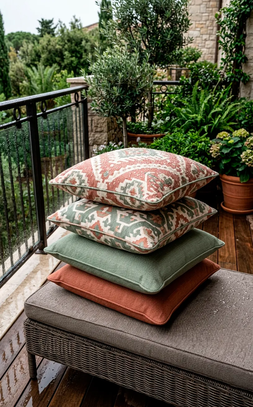 Waterproof outdoor throw pillows with geometric patterns stacked on a luxurious balcony chair