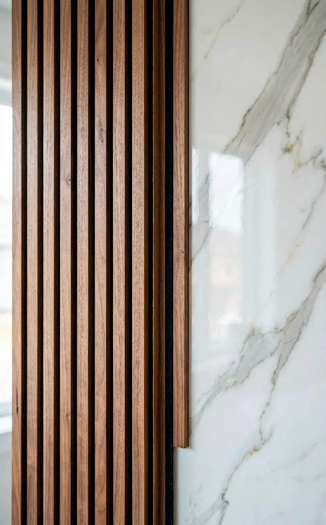 Close-up texture of walnut wood slats and faux marble wall panels.