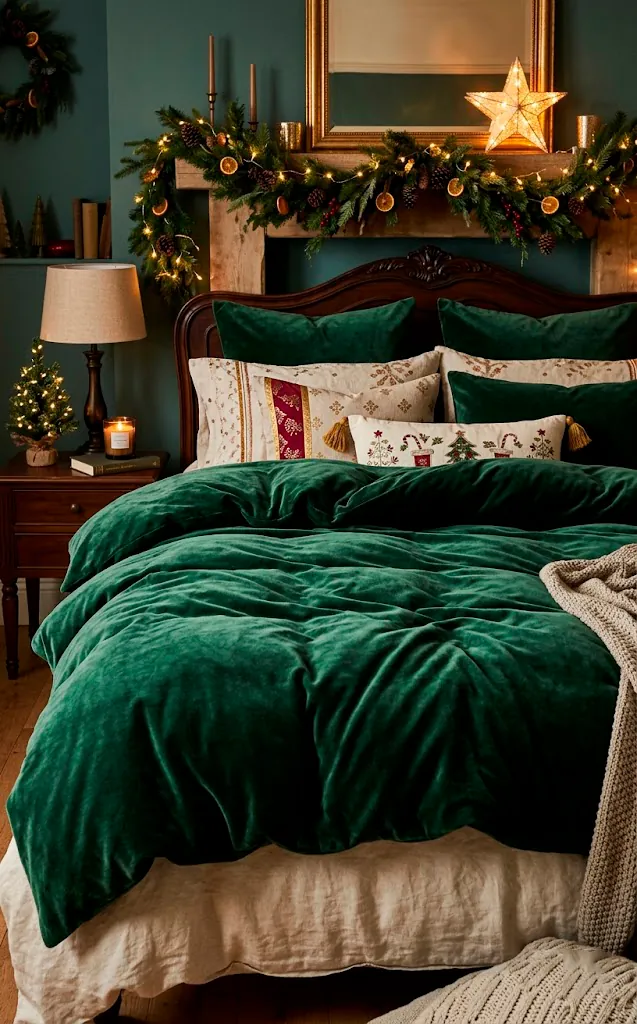 Overstuffed forest green velvet duvet on a cozy holiday bed.