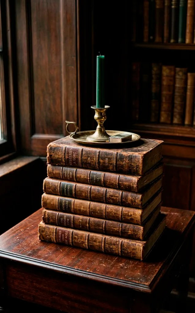 Stack of vintage leather books used as a pedestal for a brass candle holder