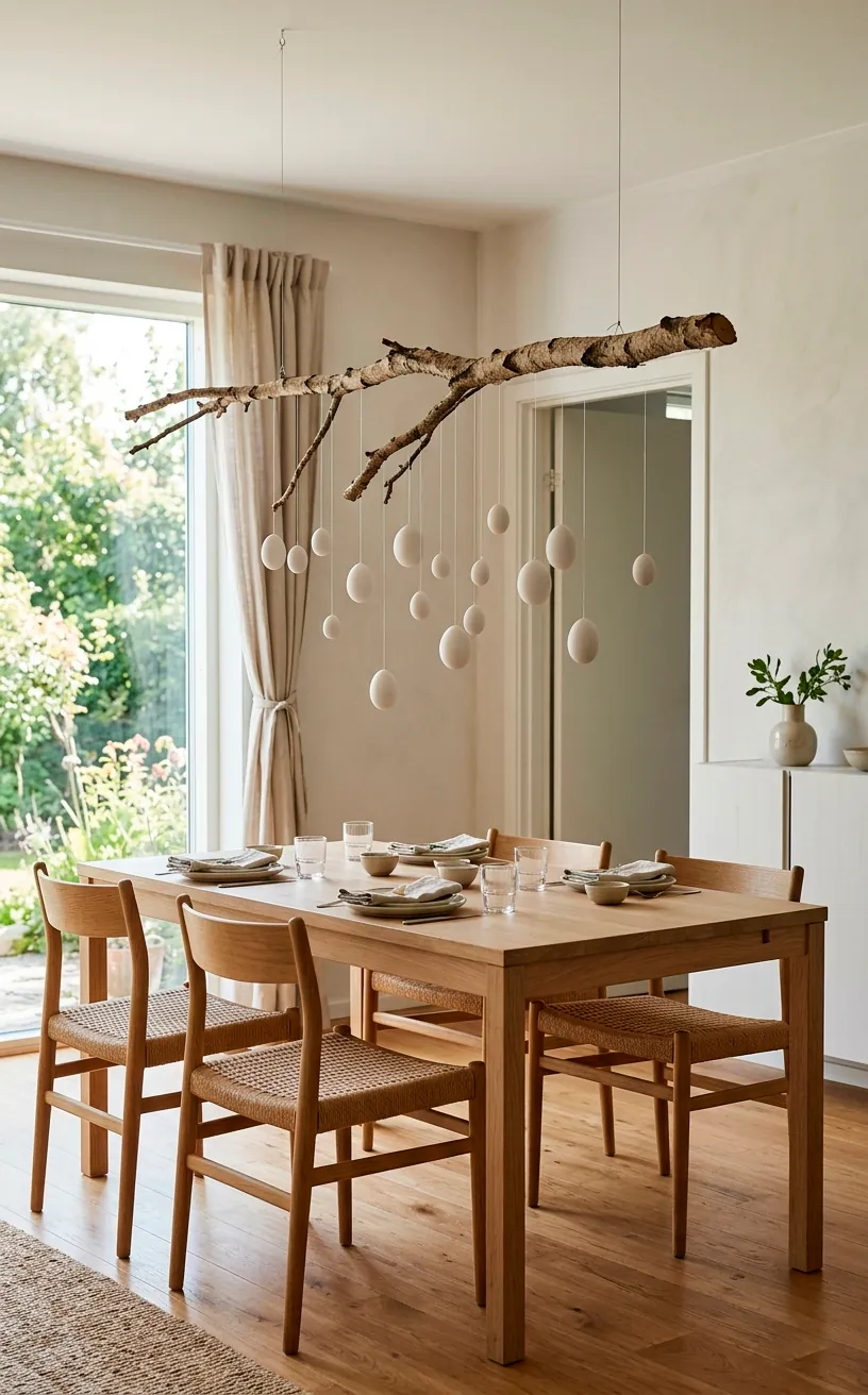 Horizontal bare branch suspended over a dining table decorated with hanging white ceramic eggs.