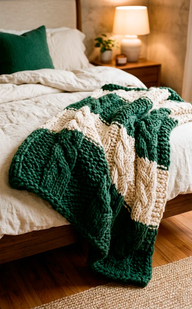 Giant chunky knit merino wool throw blanket draped across the foot of a cozy bed in rich forest green.