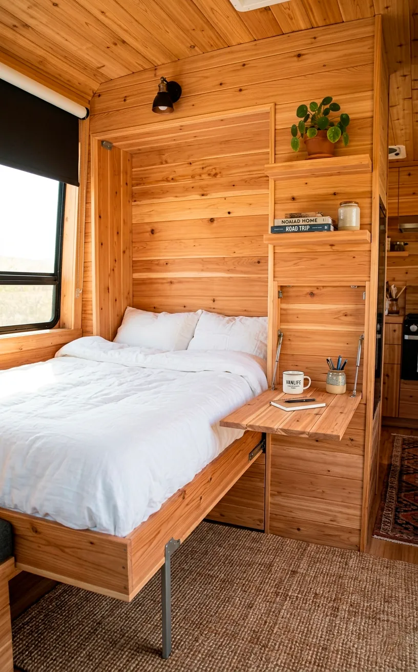 Side-folding Murphy bed half open against a cedar wood camper van wall