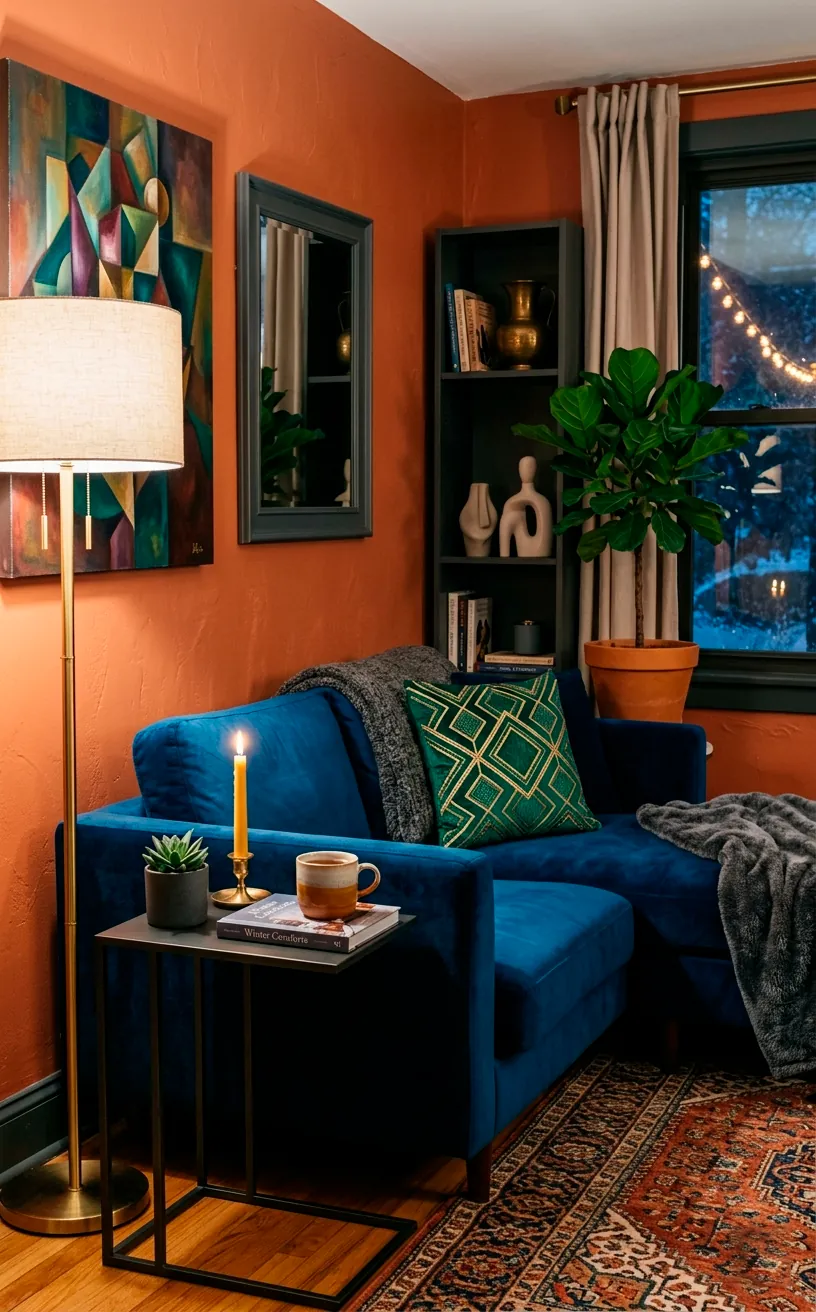 Sapphire blue sofa featuring emerald green and gold geometric patterned pillows