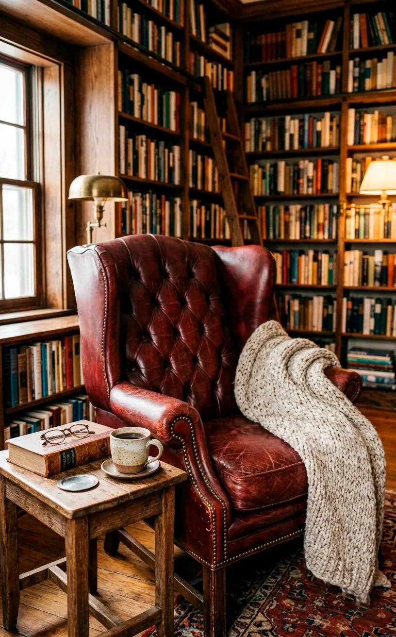 Oversized tufted leather wingback chair in a cozy library with a side table.