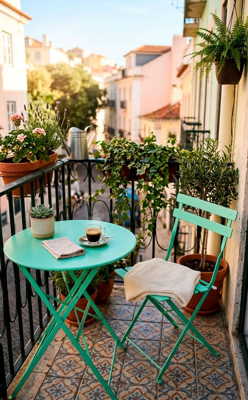 A mint green folding bistro set arranged on a small tiled balcony with morning sunlight.