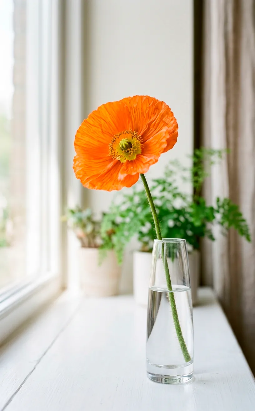 Single orange Icelandic poppy in a minimal glass vase on a bright table