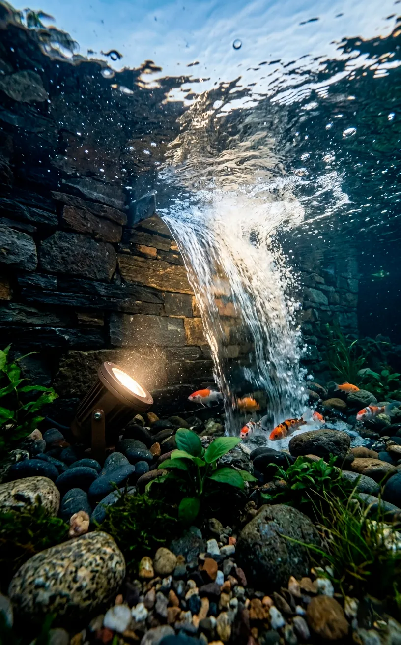 Underwater LED spotlight angled upward illuminating a modern pond waterfall