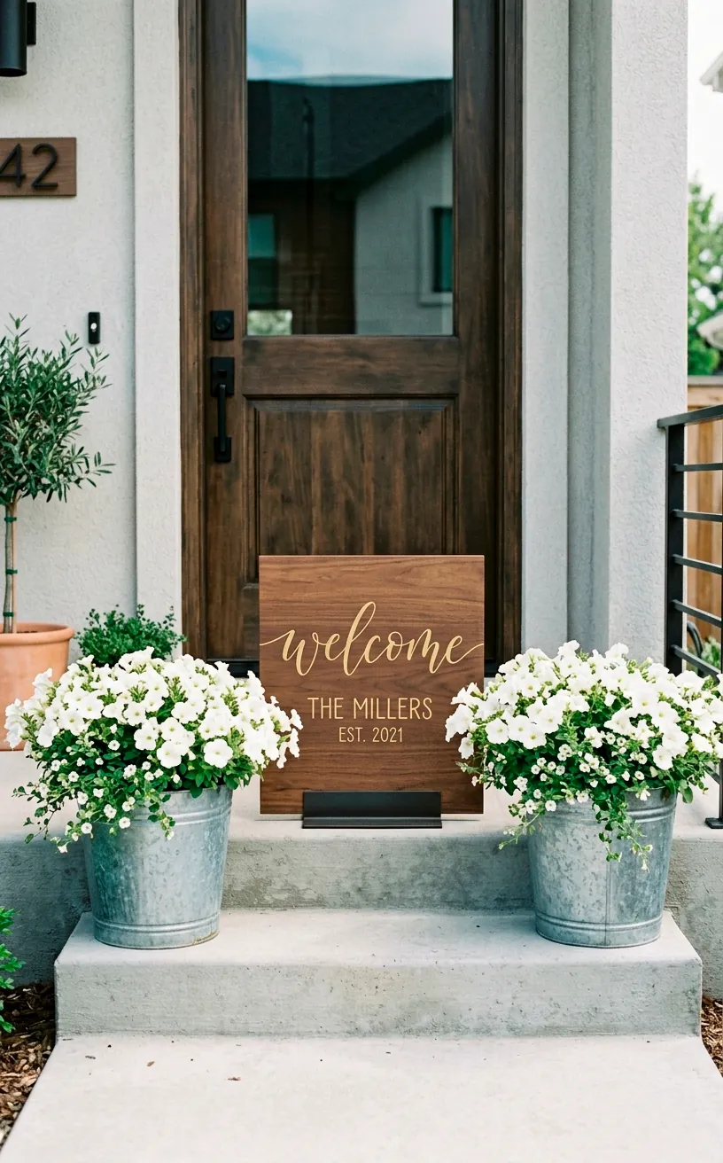 Sleek wooden entryway sign flanked by matching galvanized metal buckets overflowing with white petunias