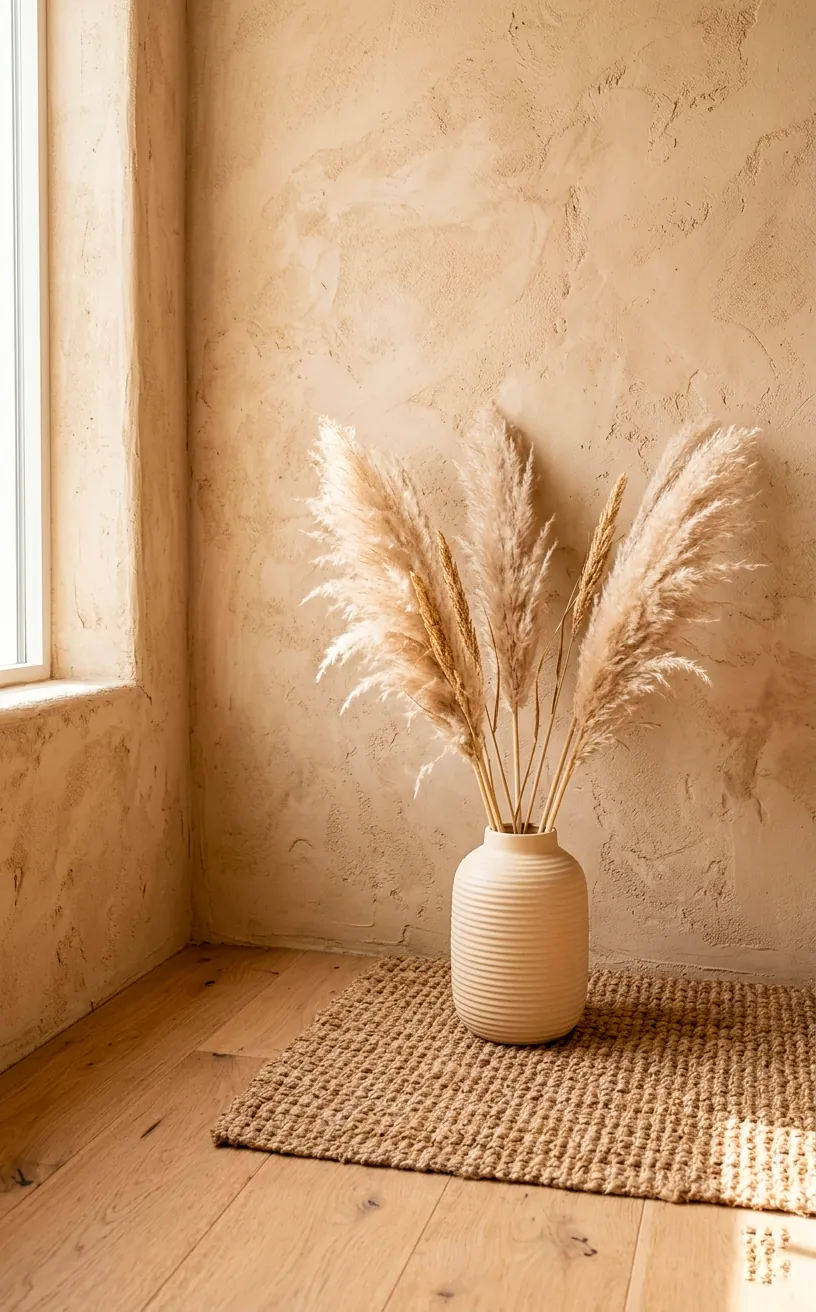 Warm sand textured plaster wall with a ribbed ceramic vase and pampas grass.