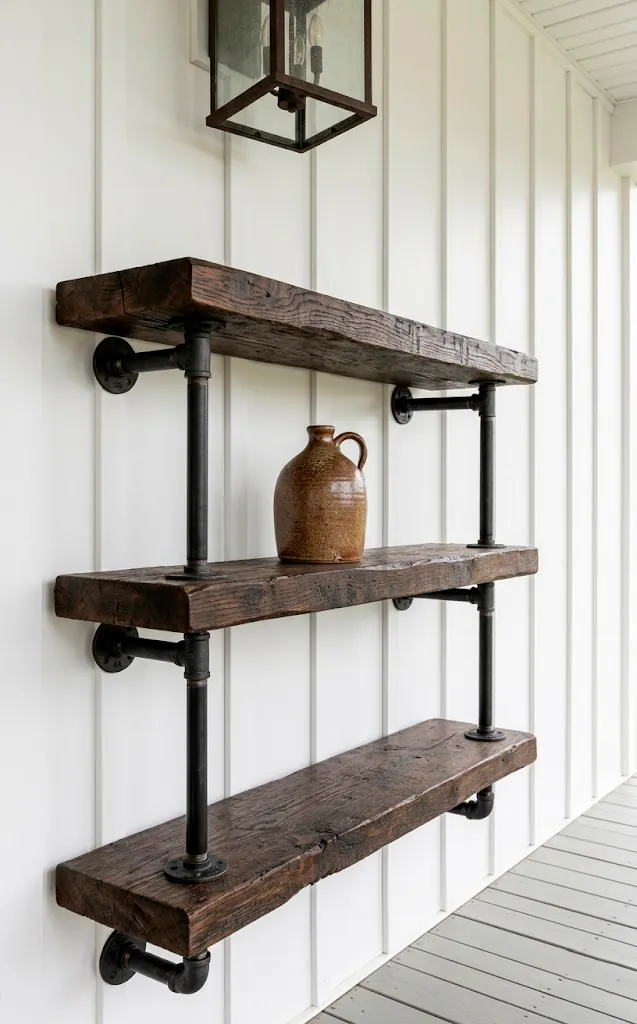 Industrial iron pipe and thick oak floating shelves mounted on a modern farmhouse small front porch wall.