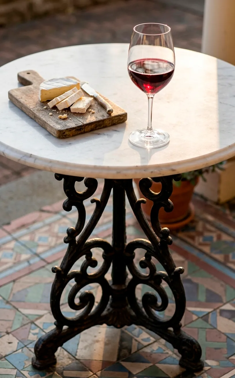 Round white marble-topped bistro table with a decorative black cast-iron base.
