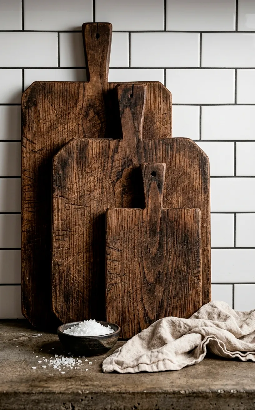 Group of weathered primitive wooden bread boards leaning against a kitchen backsplash.