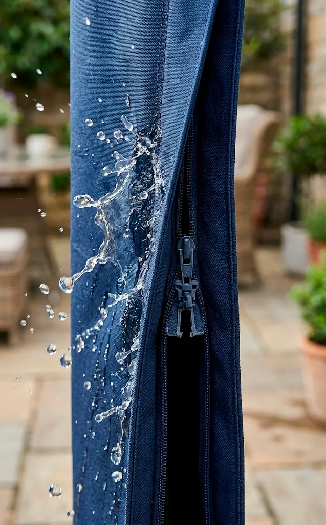 Close-up of water splashing off a navy blue waterproof outdoor cushion with hidden zippers.