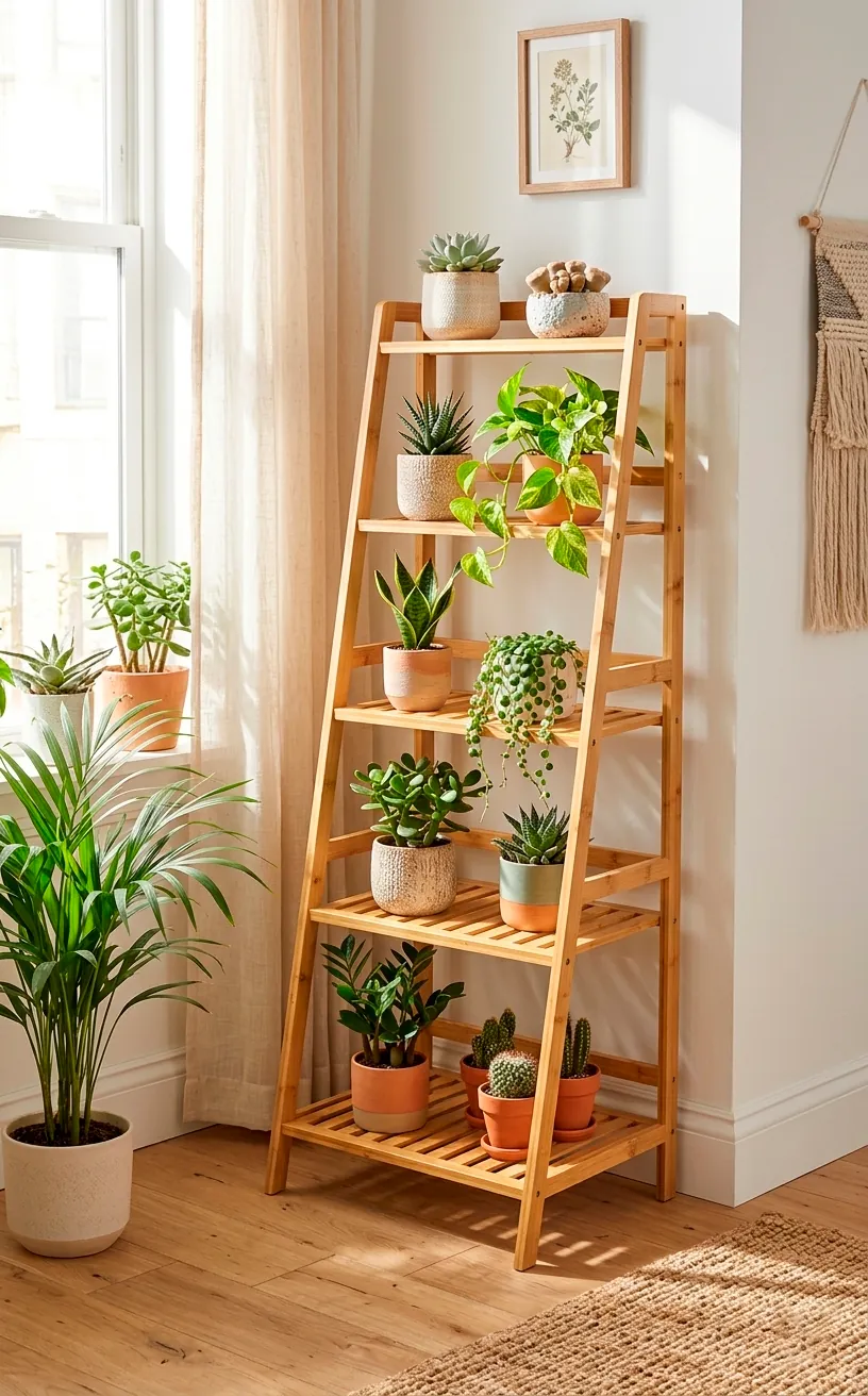 Vertical tiered bamboo plant stand holding indoor potted plants in a bright room corner.