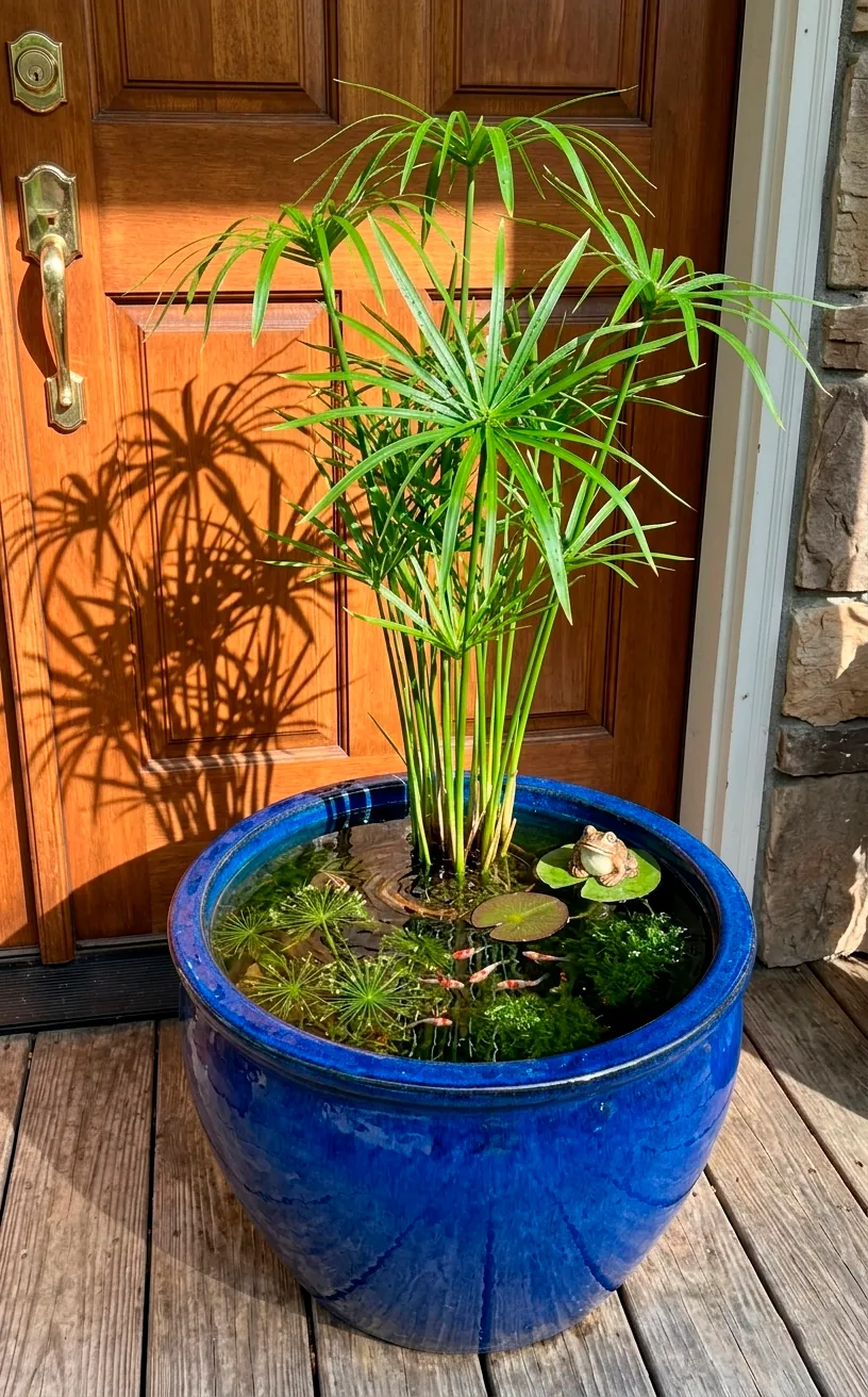 A vibrant cobalt blue glazed ceramic container pond with a tall umbrella palm plant near a front door.