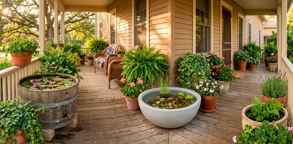 A wide horizontal banner showing creative mini container ponds with aquatic plants on a sunny front porch.