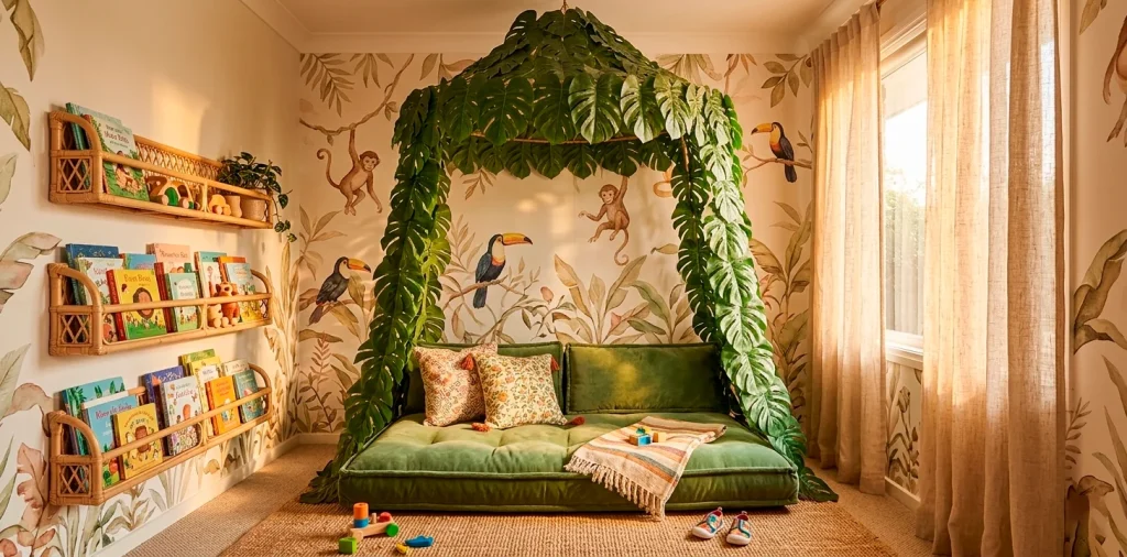 Cozy jungle-themed kids reading nook with leaf canopy and green floor cushions in warm sunlight.