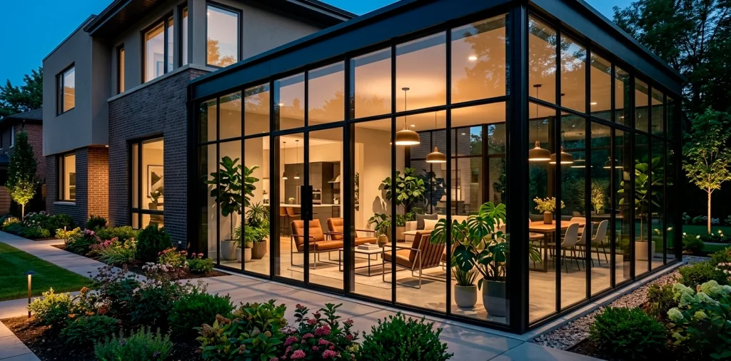 Large modern industrial sunroom with black steel frames and expansive glass walls during a soft golden hour sunset.